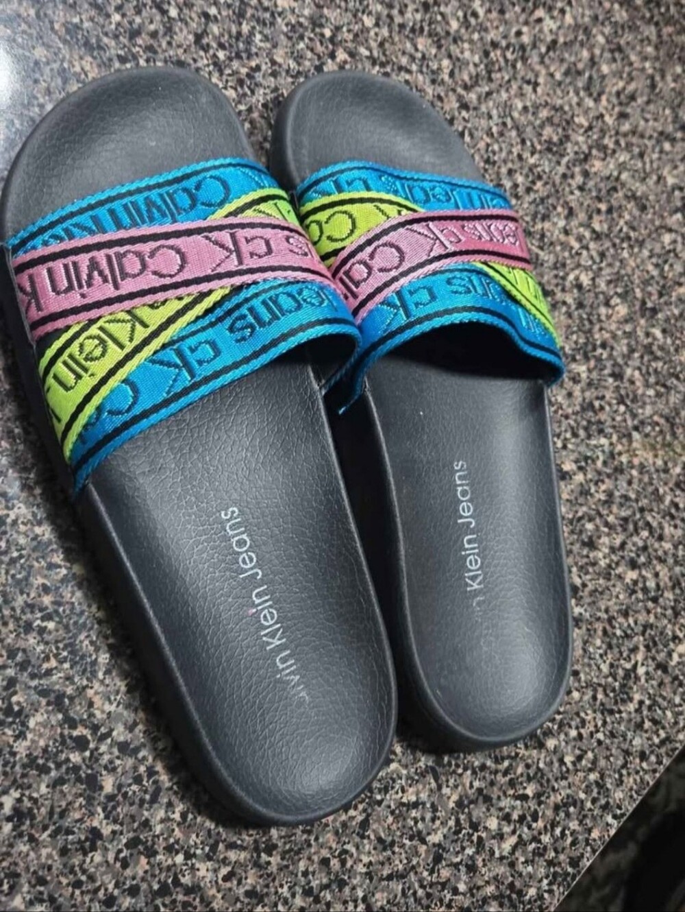 Calvin Klein Jeans Slide Sandals with Blue, Pink & Lime Straps